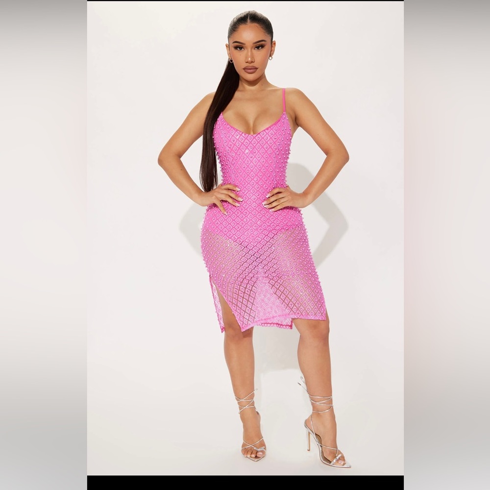 Embellished Barbie Neon Pink Dress Back Zipper Large